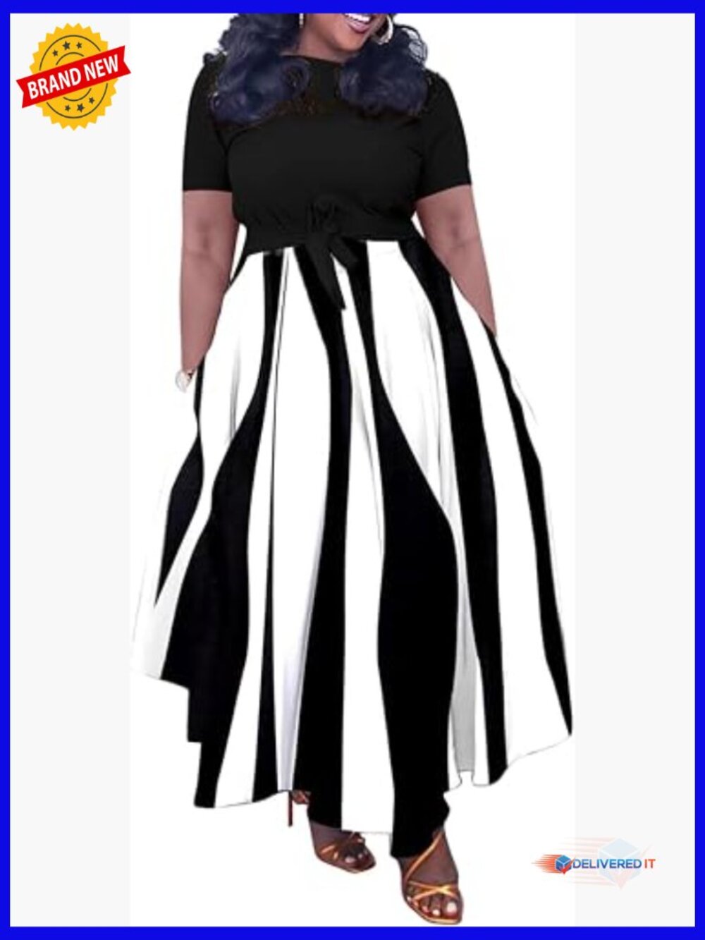 Plus Size A Line Maxi Dress with Belt 3/4 Sleeve Summer Casual